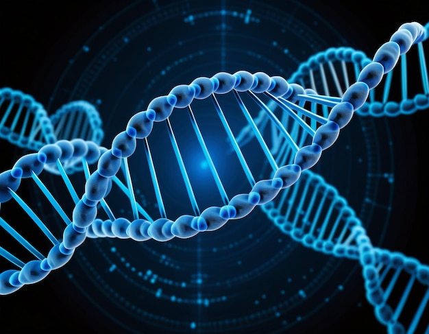 Photo digitally generated blue dna strand with ecg line 3d