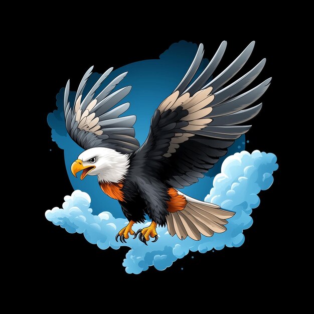 A digitally illustrated bald eagle soars through the sky with outstretched wings The eagle is white