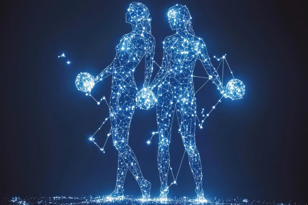 Photo digitally rendered human figures formed by glowing blue lights representing technology ai and the future of humanity