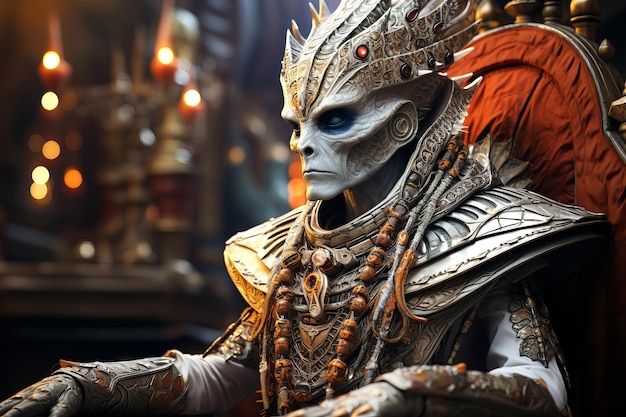 A dignified alien monarch adorned with elaborate ceremonial attire and intricate jewelry presides over a grand event in a richly decorated setting