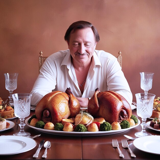 A dignifiedlooking middleaged man with a big table with food