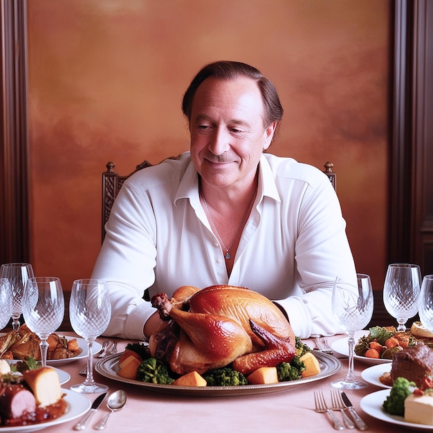 A dignifiedlooking middleaged man with a big table with food