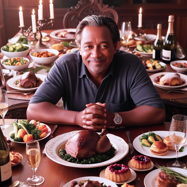 A dignifiedlooking middleaged man with a big table with food