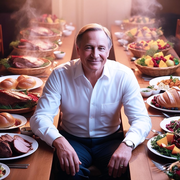 A dignifiedlooking middleaged man with a big table with food