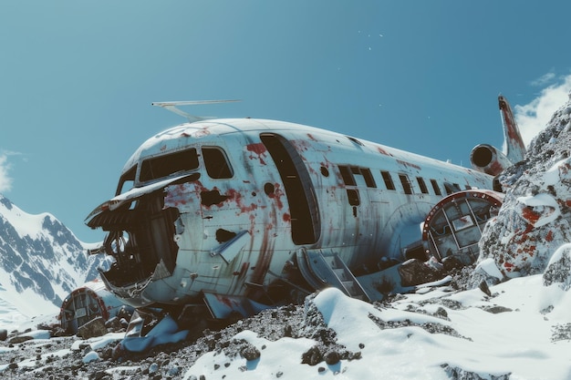 A dilapidated rusted plane wreck halfburied in the icy snow with a backdrop of cold mountains tells a tale of survival and abandonment