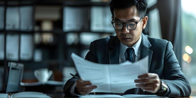 Diligent Asian lawyer meticulously reviewing legal documents in office Concept Lawyer Reviewing Documents Legal Diligent Asian