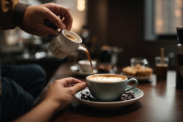 Diligent barista is prepairing fresh latte for customers for coffee break at caffeteria