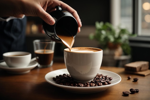 Diligent barista is prepairing fresh latte for customers for coffee break at caffeteria