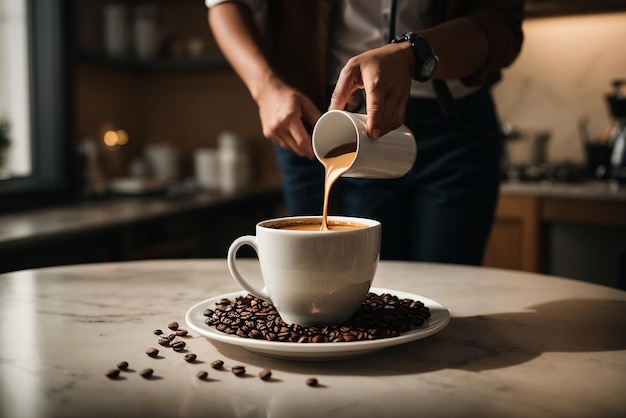 Diligent barista is prepairing fresh latte for customers for coffee break at caffeteria