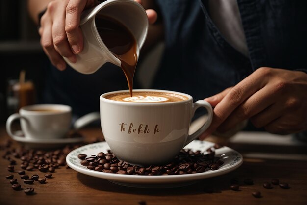 Diligent barista is prepairing fresh latte for customers for coffee break at caffeteria