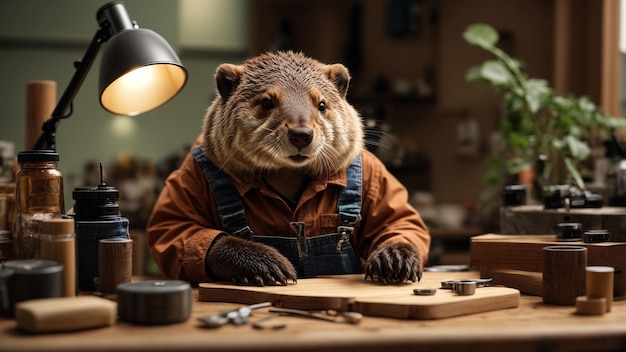 A diligent beaver in work overalls constructing a miniature wooden desk