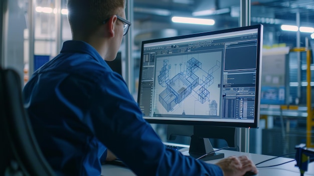 Photo a diligent engineer analyzing a complex blueprint on a computer screen in a modern industrial workspace focused and engaged