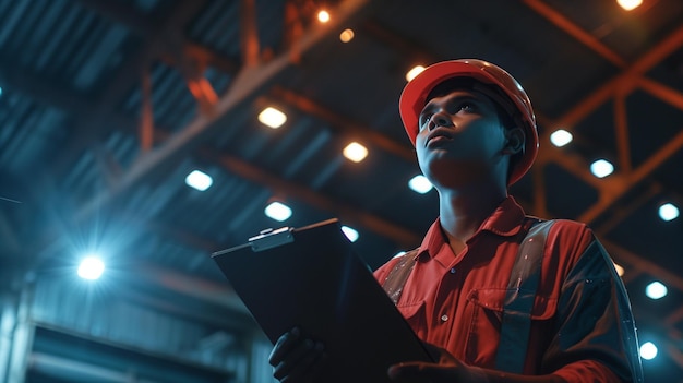 Diligent Inspection Energetic Bangladeshi Factory Worker Assessing Roof Light Panels