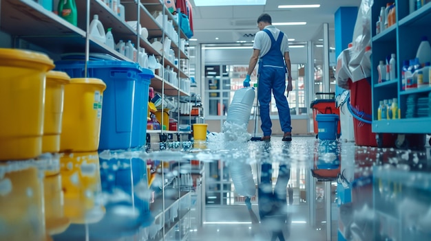 Diligent Janitor Stands Ready with Comprehensive Cleaning Supplies Prepared to Maintain Hygiene