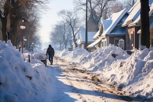 A diligent man braves the winter chill tirelessly using his tools to clear the snowcovered streets