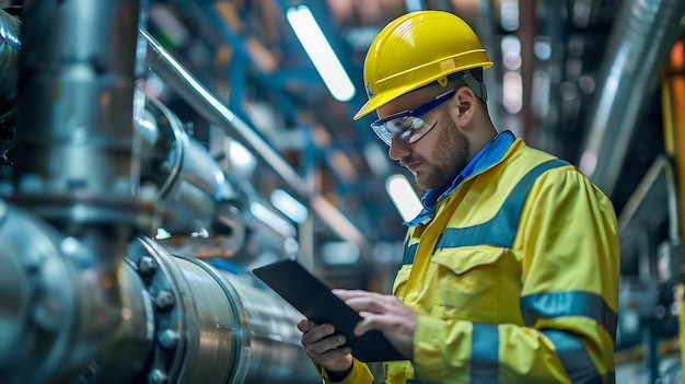 Photo a diligent quality supervisor in hygienic workwear uses a tablet to monitor and mana generative ai