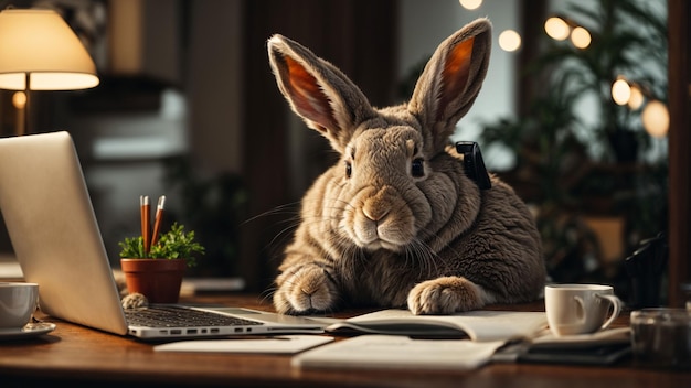 A diligent rabbit typing away on a laptop surrounded by paperwork in a cozy home office