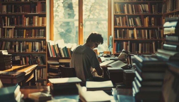 Photo diligent student immersed in latenight library sessions surrounded by many books for study aig