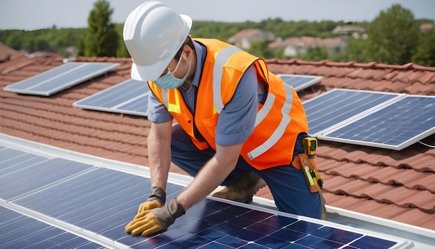 a diligent worker wearing a safety vest and carefully fixing solar plates on a house roof