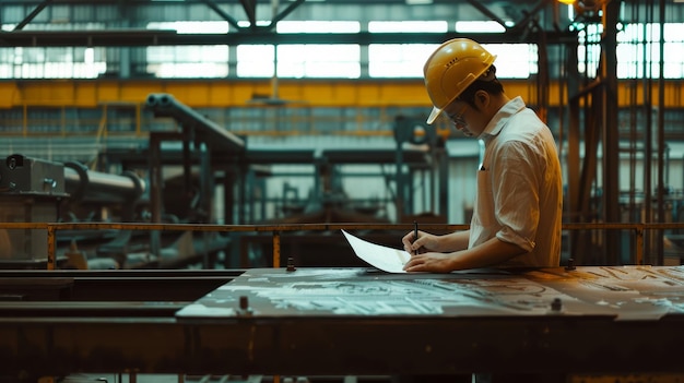 A diligent worker wearing a yellow hard hat sketches on a large metal sheet in a bustling industrial workshop filled with machinery