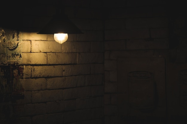 dim light lamp on the brick wall for dark rustic background