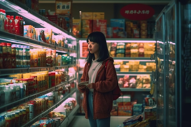 Under dim light of supermarket department stores A young Asian girl stands in front of a shelf