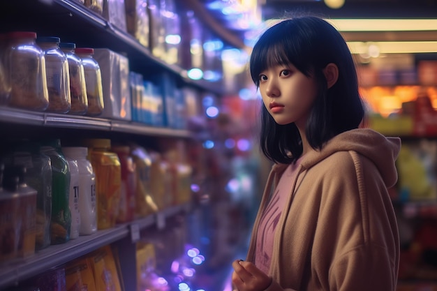 Under dim light of supermarket department stores A young Asian girl stands in front of a shelf