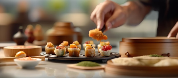 Dim sum Dish Chef is finishing Dim sum at the kitchen table