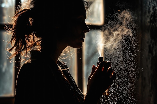 In a dimly lit ambiance a woman sprays perfume capturing her profile and the perfume bottle in hand The perfumed mist adds dynamism and lightness suggesting modern and elegant fashion