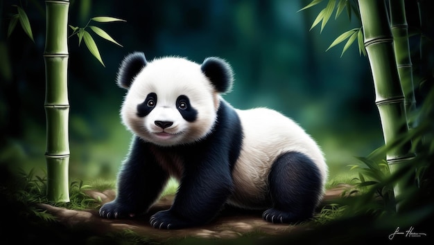 In a dimly lit bamboo forest clearing a cute baby panda gazes at the viewer