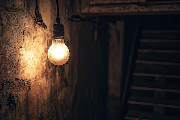 A dimly lit basement with flickering light bulb creates an eerie atmosphere