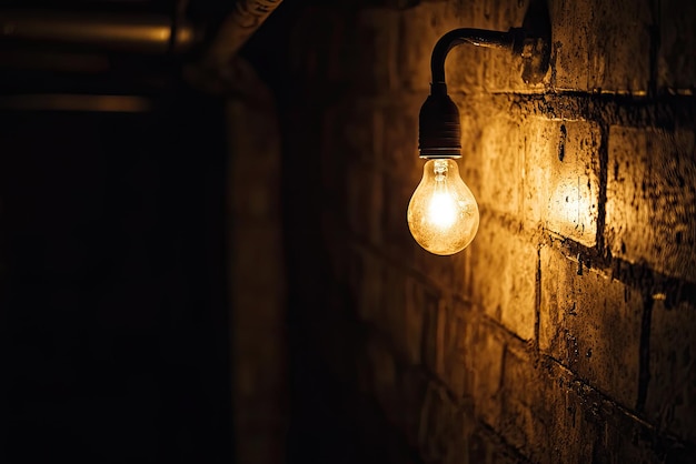 A dimly lit basement with flickering light bulb creates an eerie atmosphere