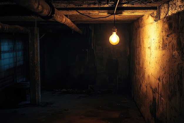 A dimly lit basement with flickering light bulb creates an eerie atmosphere