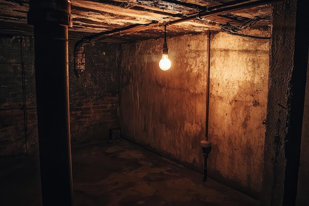 A dimly lit basement with flickering light bulb creates an eerie atmosphere