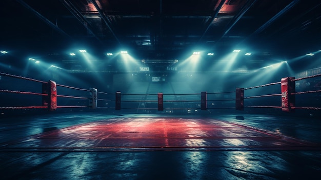 A dimly lit boxing ring with red ropes and ropes generative ai