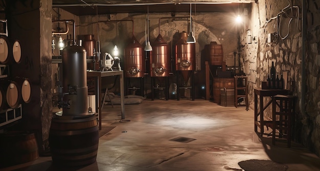 A dimly lit brewery with barrels and copper vats