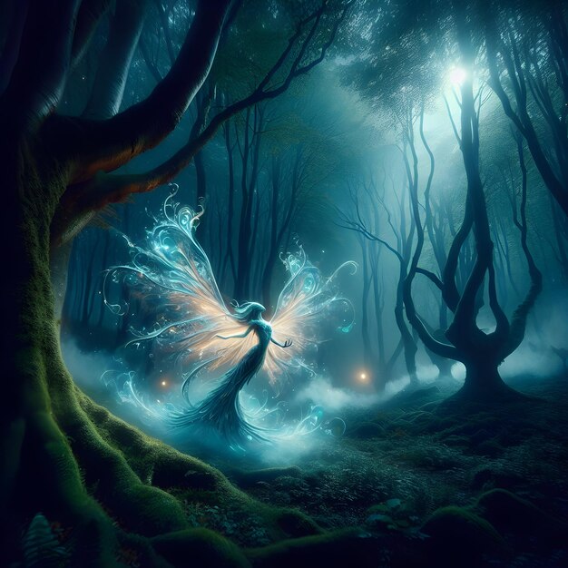 In the dimly lit forest glade amidst swirling mist and ancient trees the ethereal creature danced