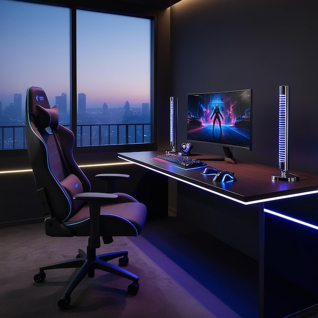 dimly lit futuristic gamers den featuring a sleek