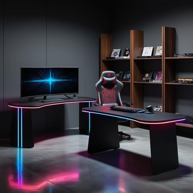 dimly lit futuristic gamers den featuring a sleek