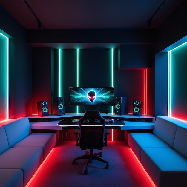 dimly lit futuristic gamers den featuring a sleek