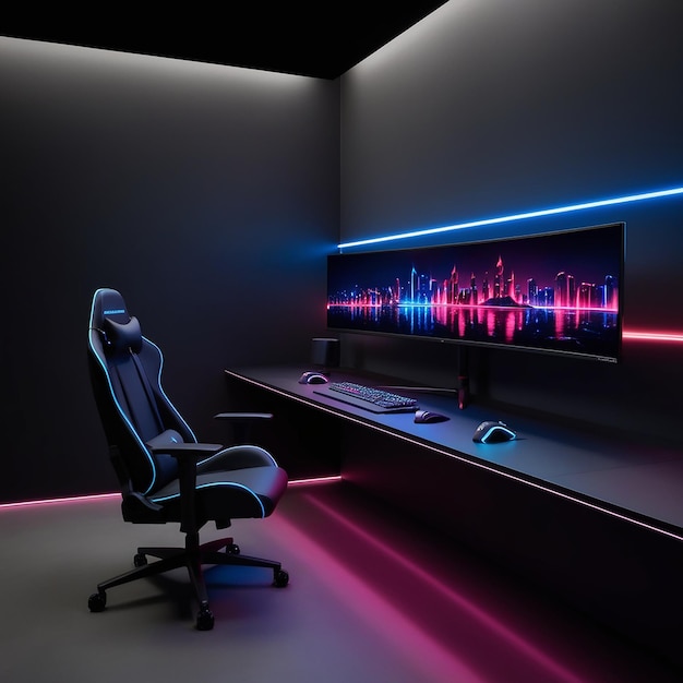 dimly lit futuristic gamers den featuring a sleek