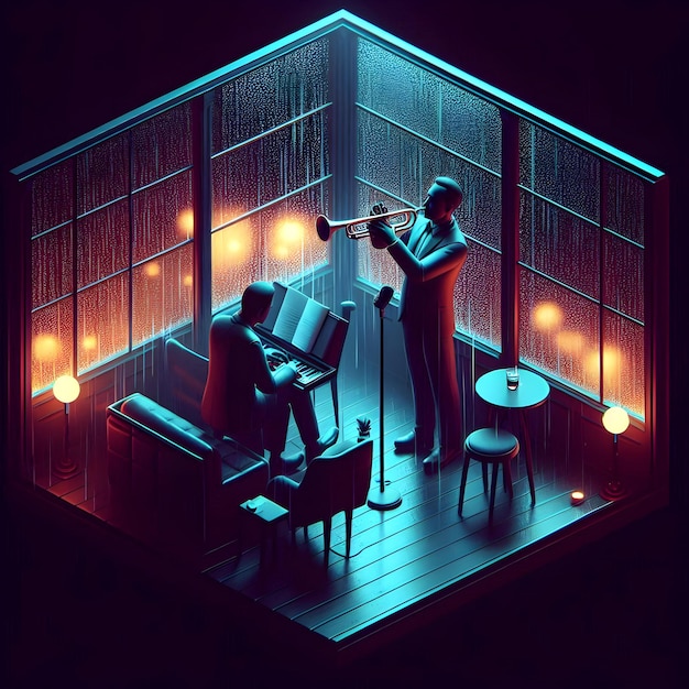 In a dimly lit jazz club on a rainy evening an isometric style of trumpet player performs soulfully