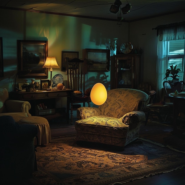 Photo dimly lit living room with a single egg on a table