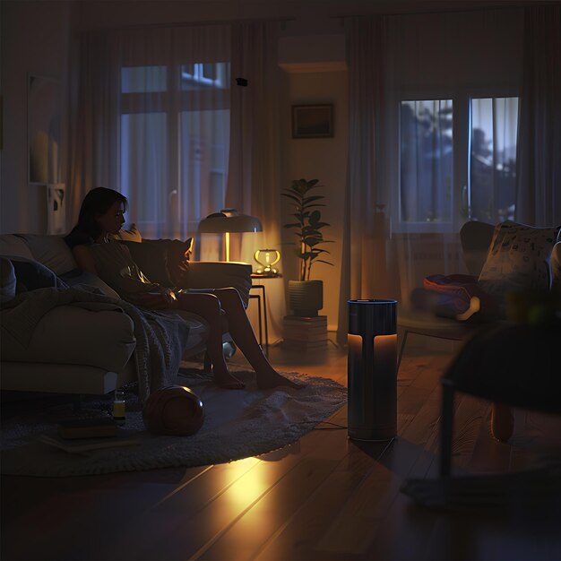 Photo dimly lit living room with woman sitting on couch and lamp