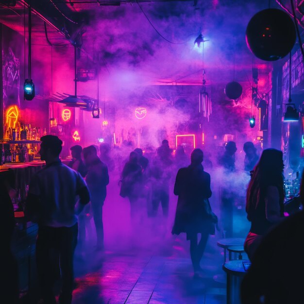 Photo a dimly lit nightclub with people dancing and drinking bathed in pink and blue neon lights with smoke and fog