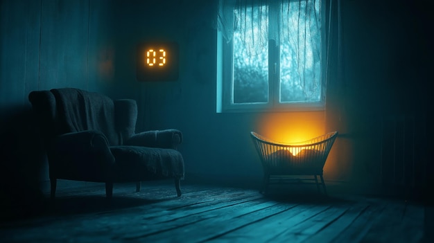 Photo a dimly lit room with a chair and a crib the crib is glowing with a warm light while the room is dark and mysterious the clock on the wall reads 03