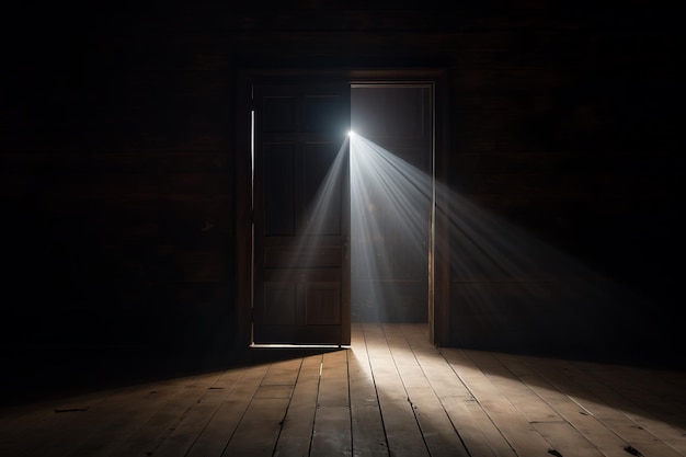 Photo a dimly lit room with an open door casting light rays