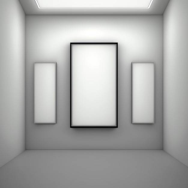 a dimly lit room with three empty frames on the wall generative ai