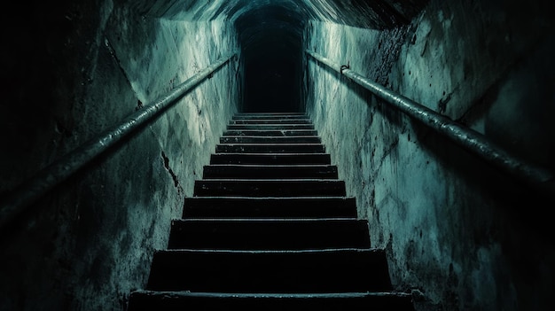 Dimly lit staircase with eerie shadows abandoned underground tunnel Horror and mystery concept