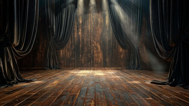 Photo dimly lit theater stage with draped curtains and wooden floor ready for a performance